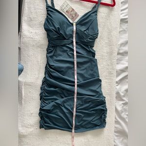 Slate blue body-con ruched dress. Size M. Padded cups.